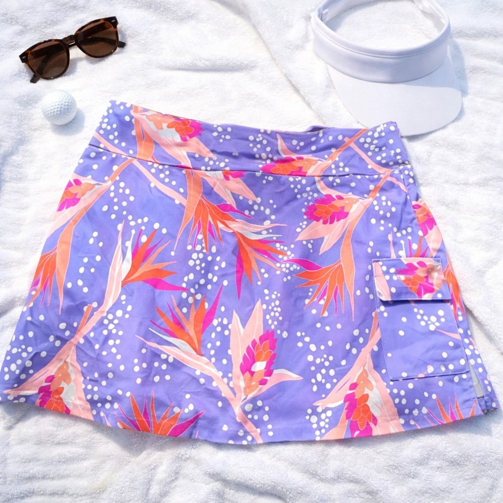 Gingy Golf Skort Purple Tropical Print Built-In Shorts Size L Made in USA